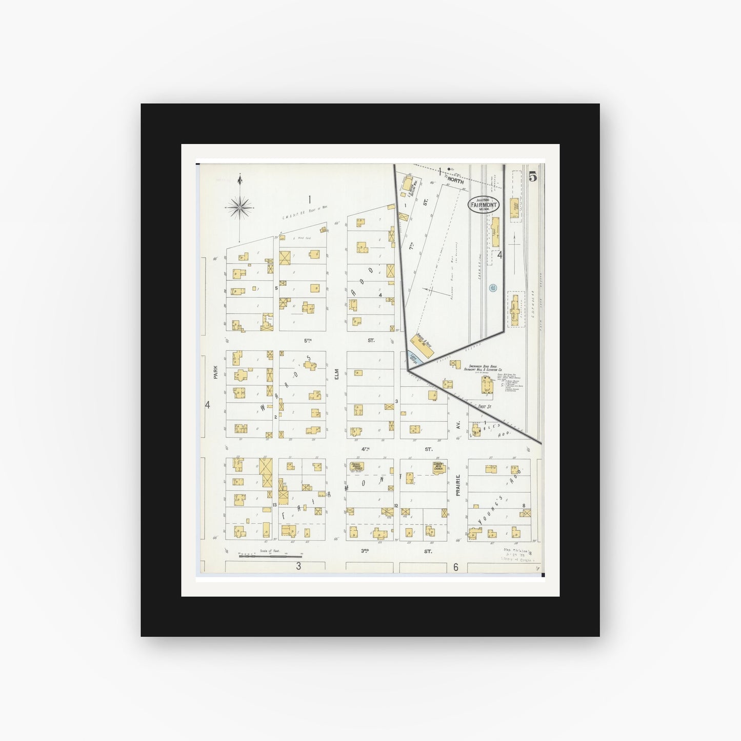 Old map wall art mockup — black gallery frame with white mat — Sanborn Fire Insurance Map from Fairmont, Martin County, Minnesota (1900), Sheet #0005