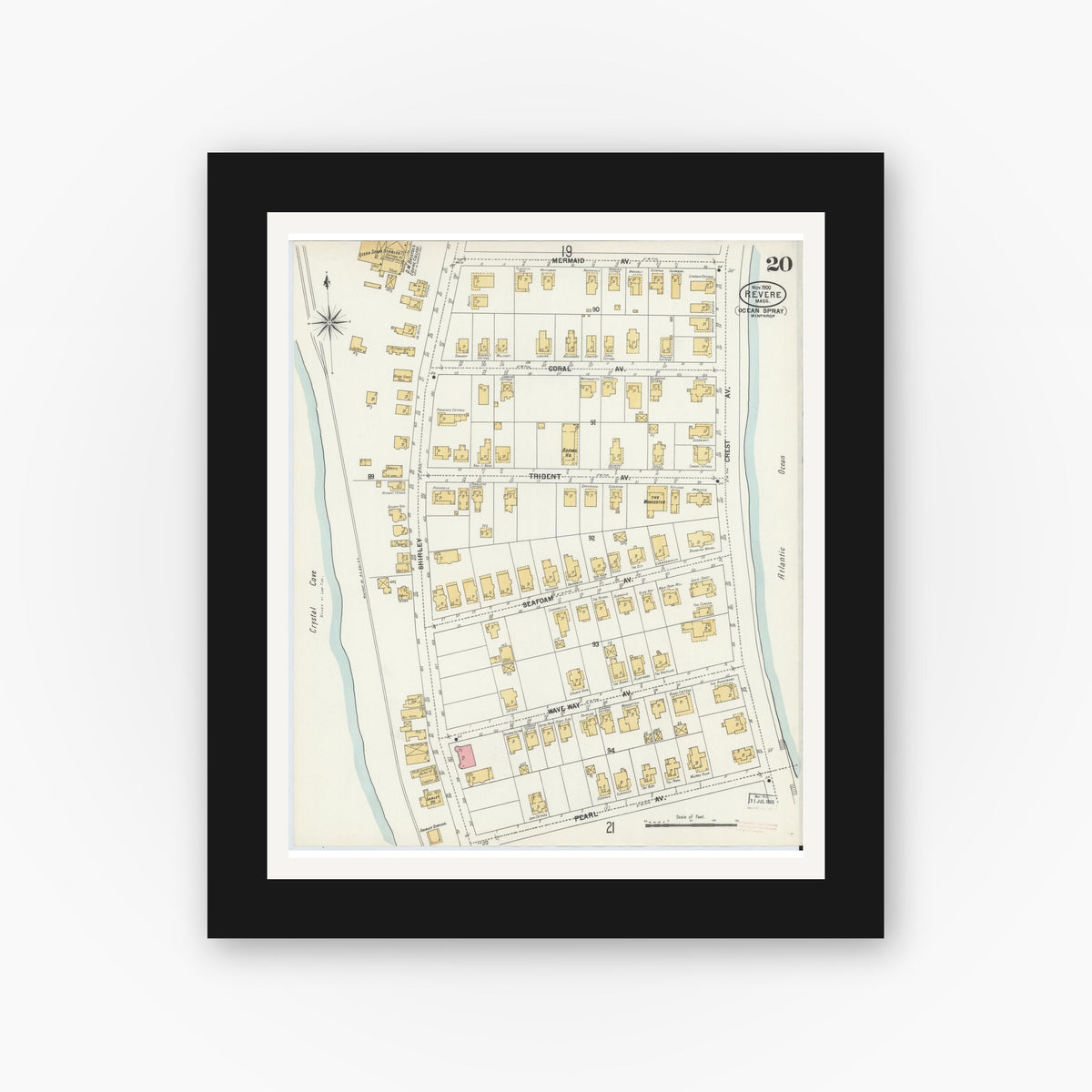Old map wall art mockup β black gallery frame with white mat β Sanborn Fire Insurance Map from Revere, Suffolk County, Massachusetts (1900), Sheet #0020