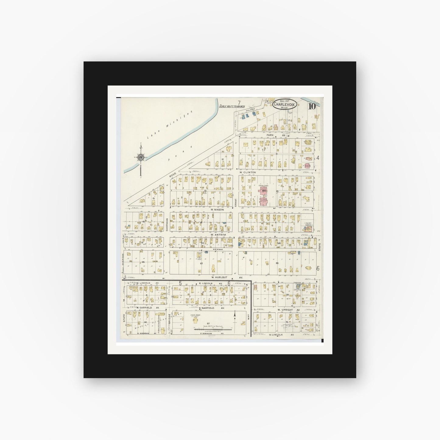 Old map wall art mockup — black gallery frame with white mat — Sanborn Fire Insurance Map from Charlevoix, Charlevoix County, Michigan (1917), Sheet #0010