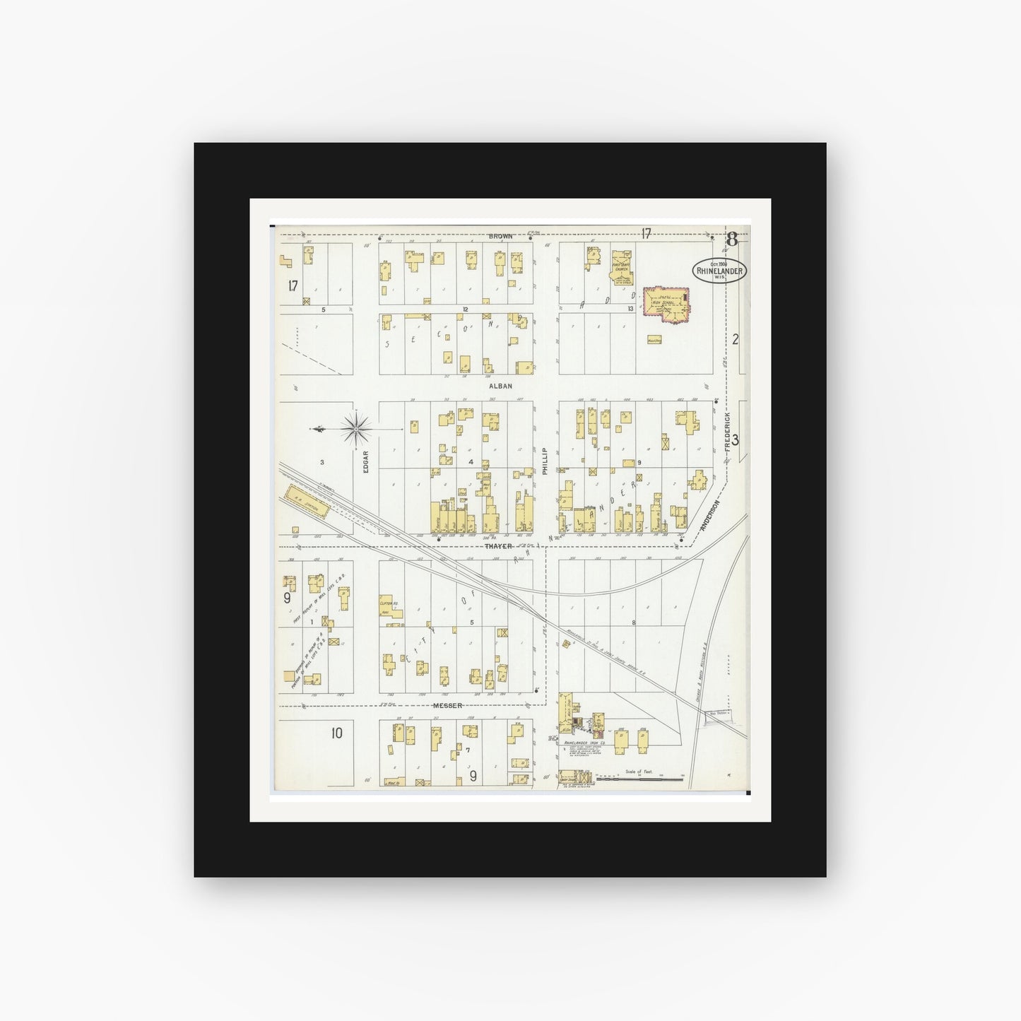 Old map wall art mockup — black gallery frame with white mat — Sanborn Fire Insurance Map from Rhinelander, Oneida County, Wisconsin (1900), Sheet #0008