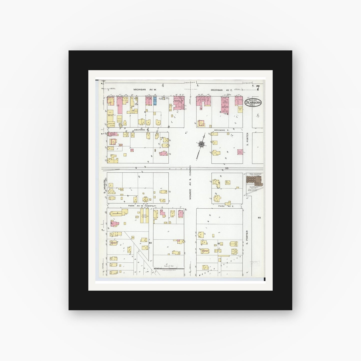 Old map wall art mockup — black gallery frame with white mat — Sanborn Fire Insurance Map from Dearborn, Wayne County, Michigan (1919), Sheet #0007
