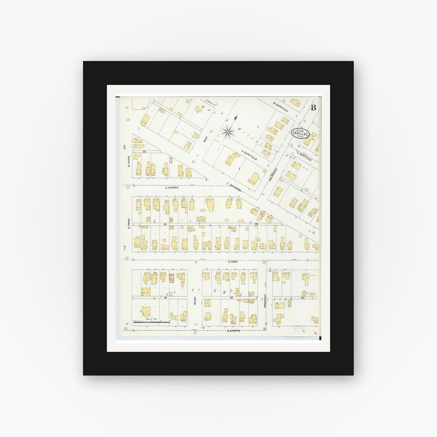 Old map wall art mockup — black gallery frame with white mat — Sanborn Fire Insurance Map from Cadillac, Wexford County, Michigan (1906), Sheet #0008