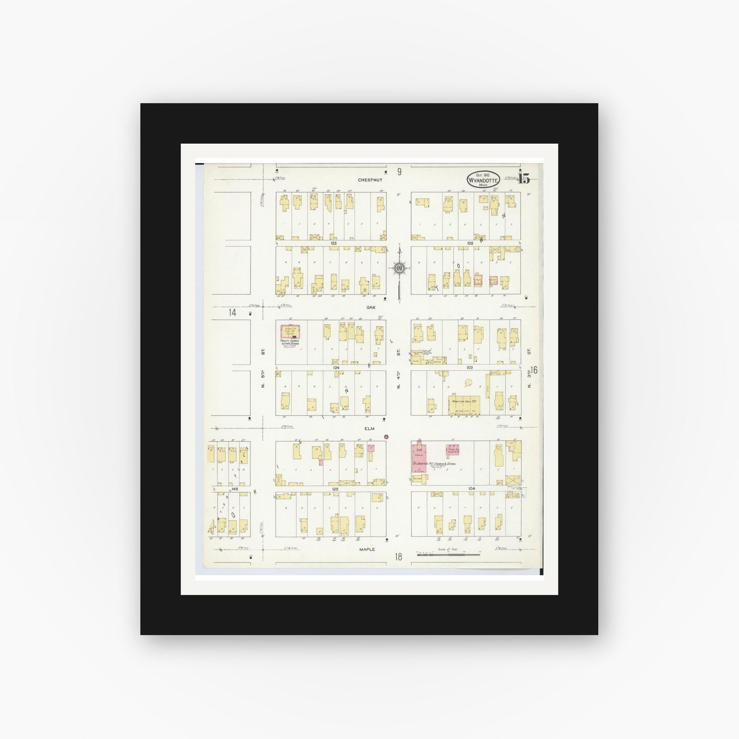 Old map wall art mockup — black gallery frame with white mat — Sanborn Fire Insurance Map from Wyandotte, Wayne County, Michigan (1912), Sheet #0015