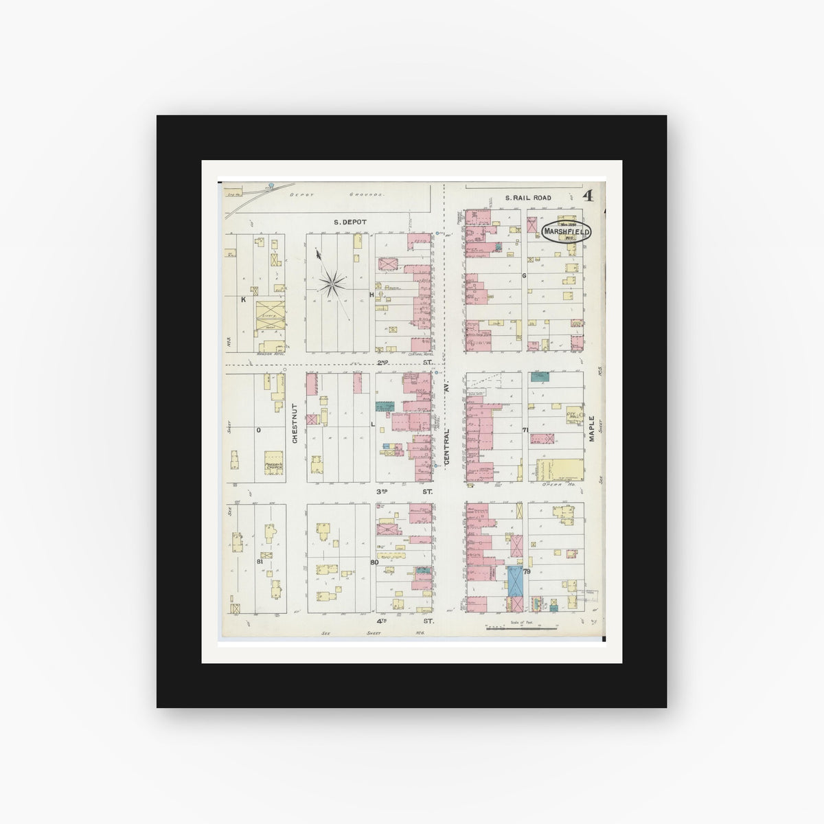 Old map wall art mockup — black gallery frame with white mat — Sanborn Fire Insurance Map from Marshfield, Wood County, Wisconsin (1891), Sheet #0004