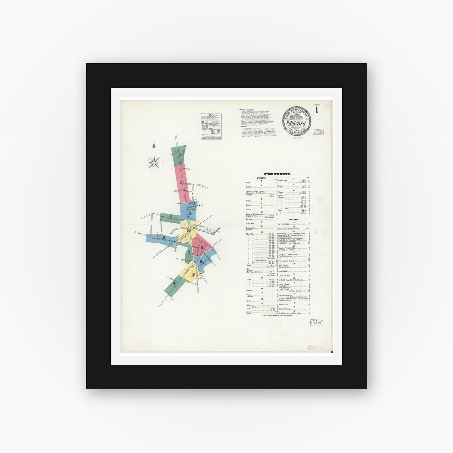 Old map wall art mockup — black gallery frame with white mat — Sanborn Fire Insurance Map from Randolph, Norfolk County, Massachusetts (1909) - Complete Map Set