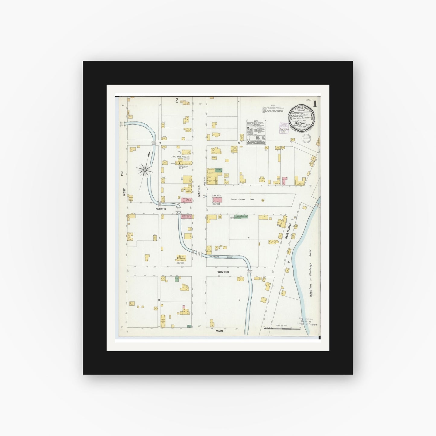 Old map wall art mockup — black gallery frame with white mat — Sanborn Fire Insurance Map from Waldo, Marion County, Ohio (1901), Sheet #0001