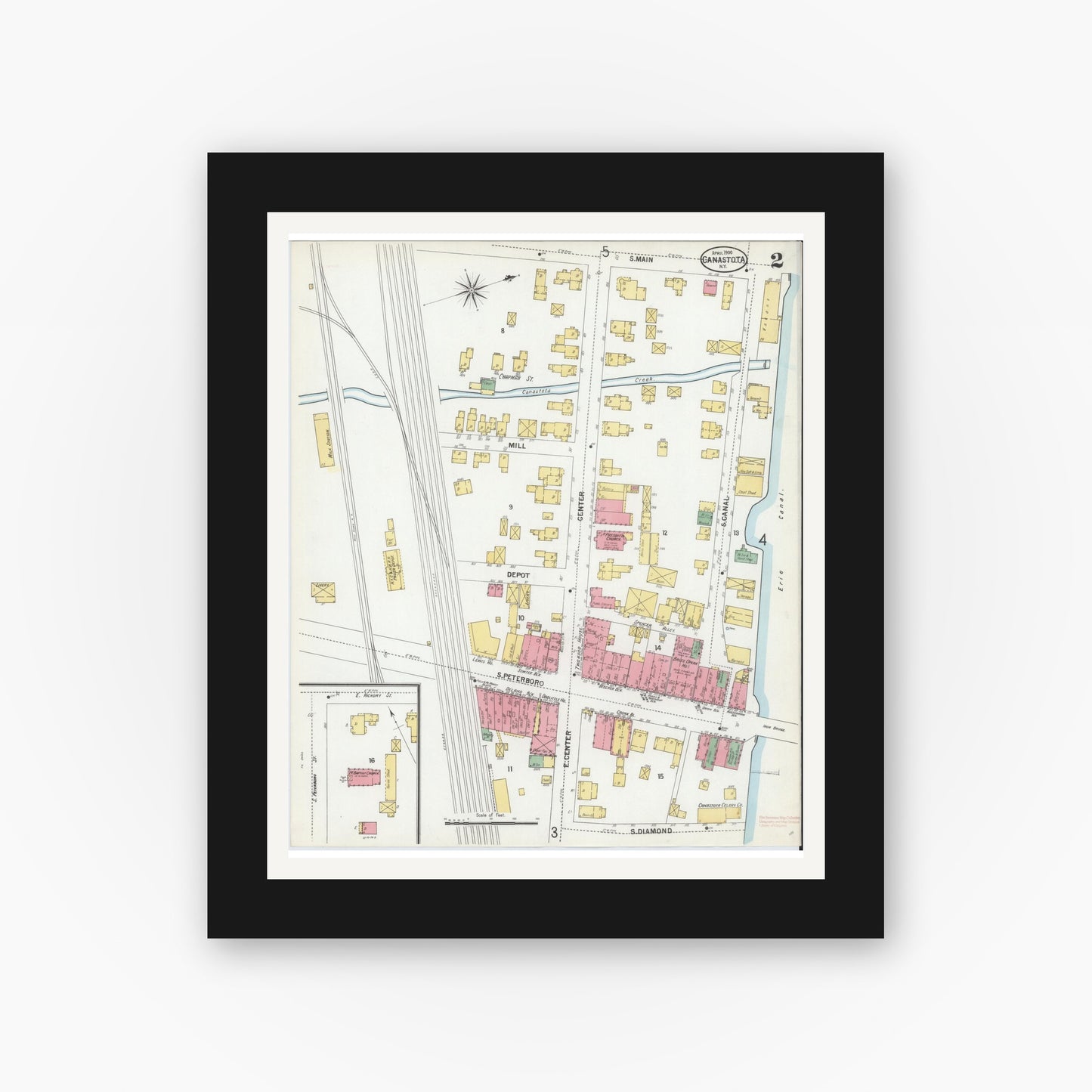 Old map wall art mockup — black gallery frame with white mat — Sanborn Fire Insurance Map from Canastota, Madison County, New York (1900), Sheet #0002