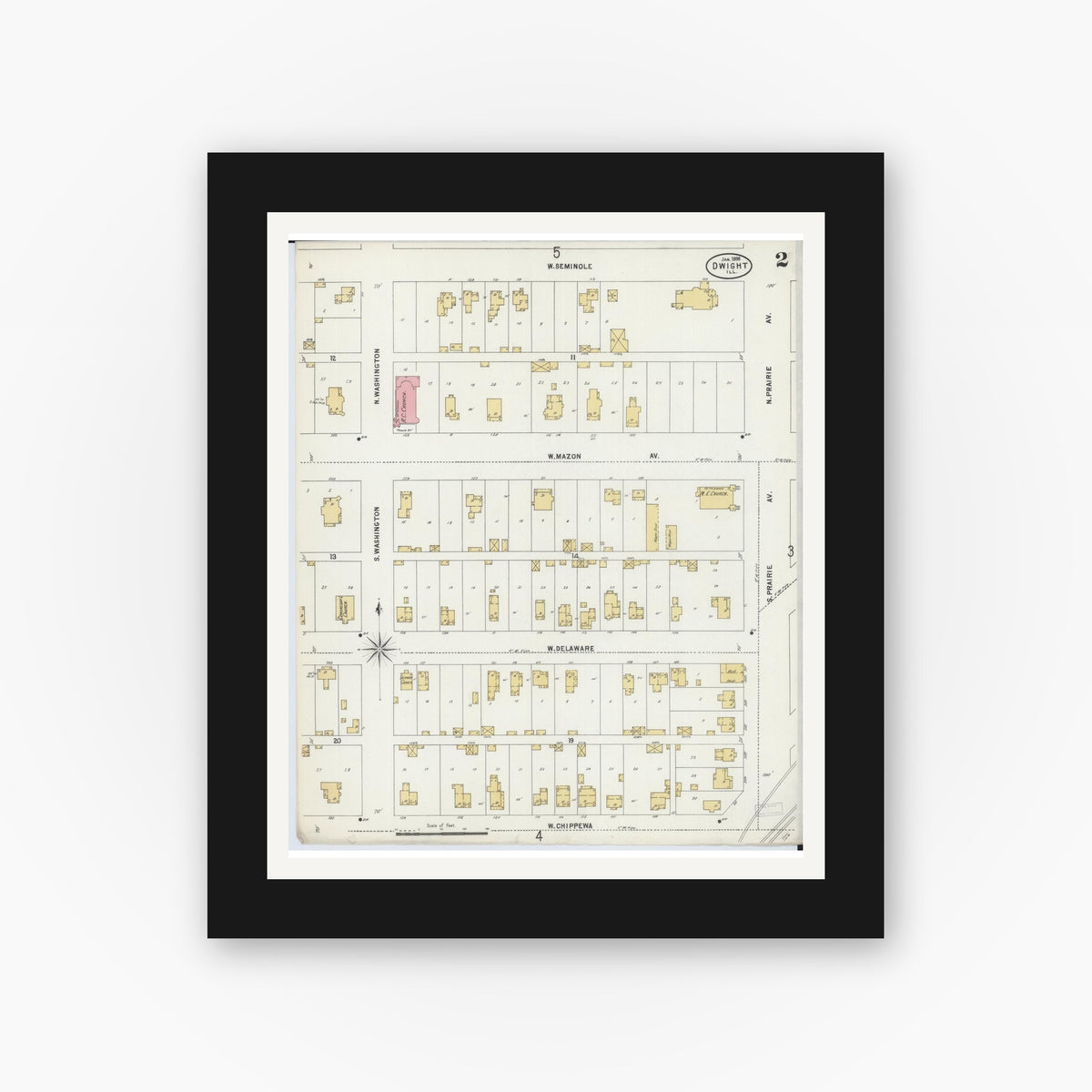 Old map wall art mockup — black gallery frame with white mat — Sanborn Fire Insurance Map from Dwight, Livingston County, Illinois (1898), Sheet #0002