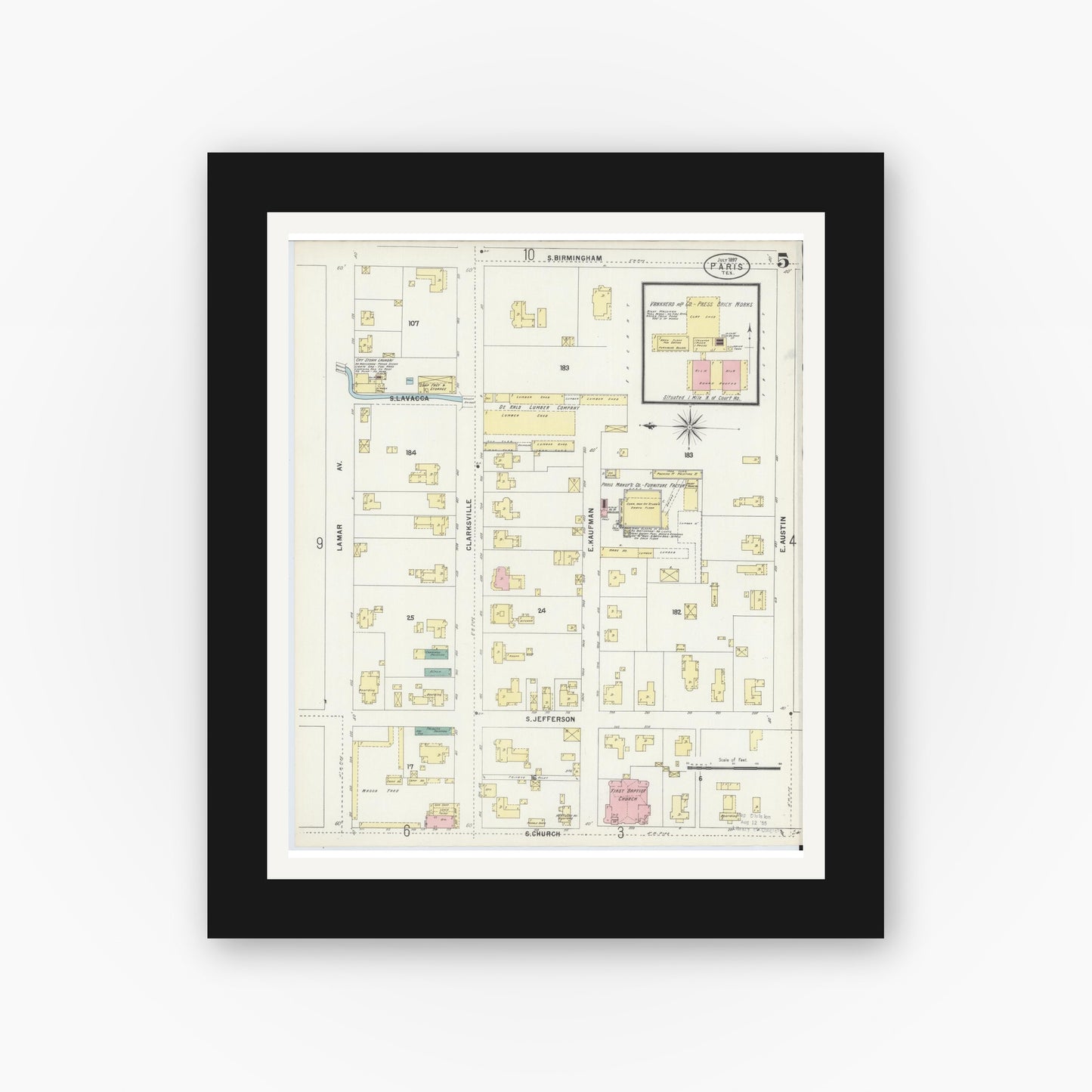 Old map wall art mockup — black gallery frame with white mat — Sanborn Fire Insurance Map from Paris, Lamar County, Texas (1897), Sheet #0005