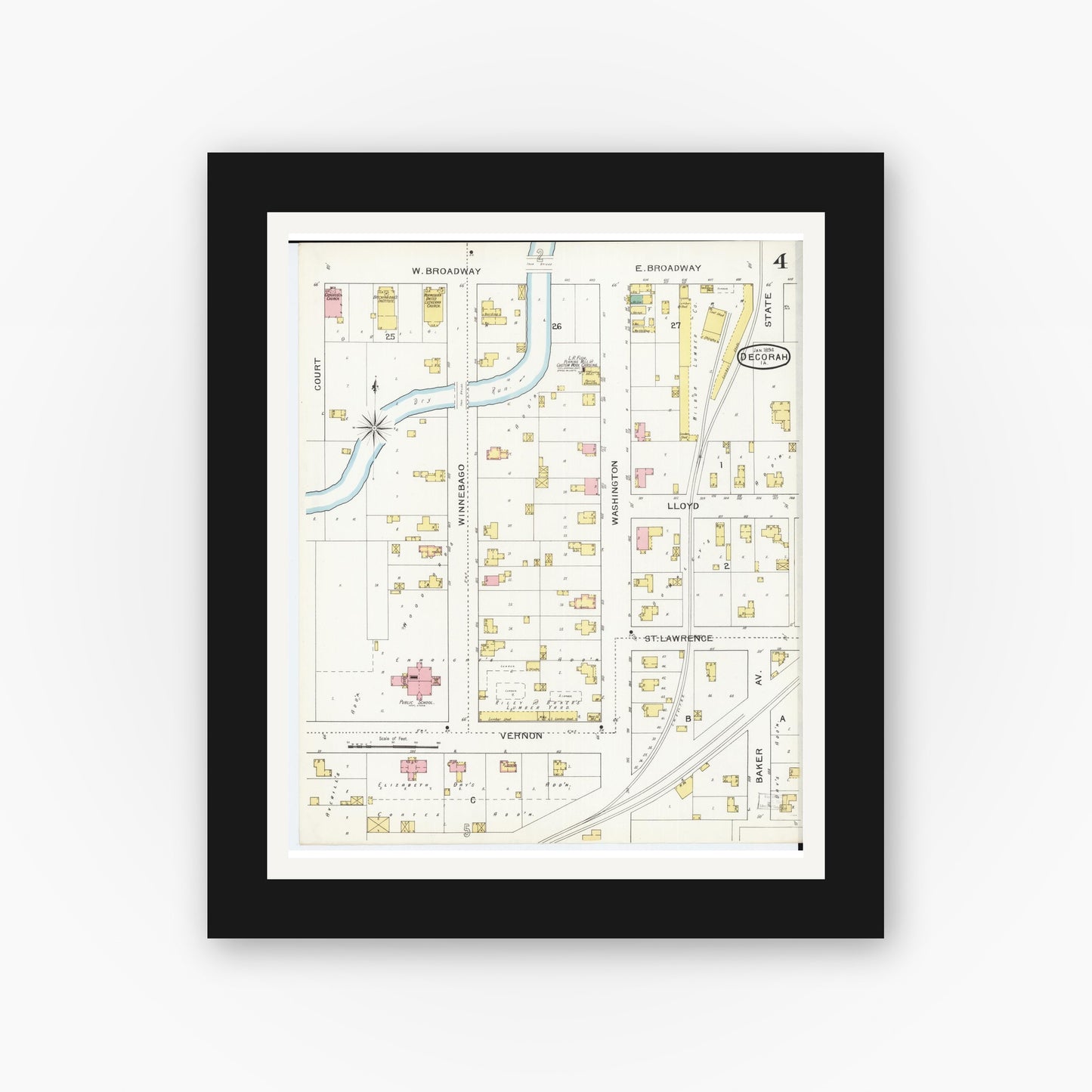 Old map wall art mockup — black gallery frame with white mat — Sanborn Fire Insurance Map from Decorah, Winneshiek County, Iowa (1894), Sheet #0004