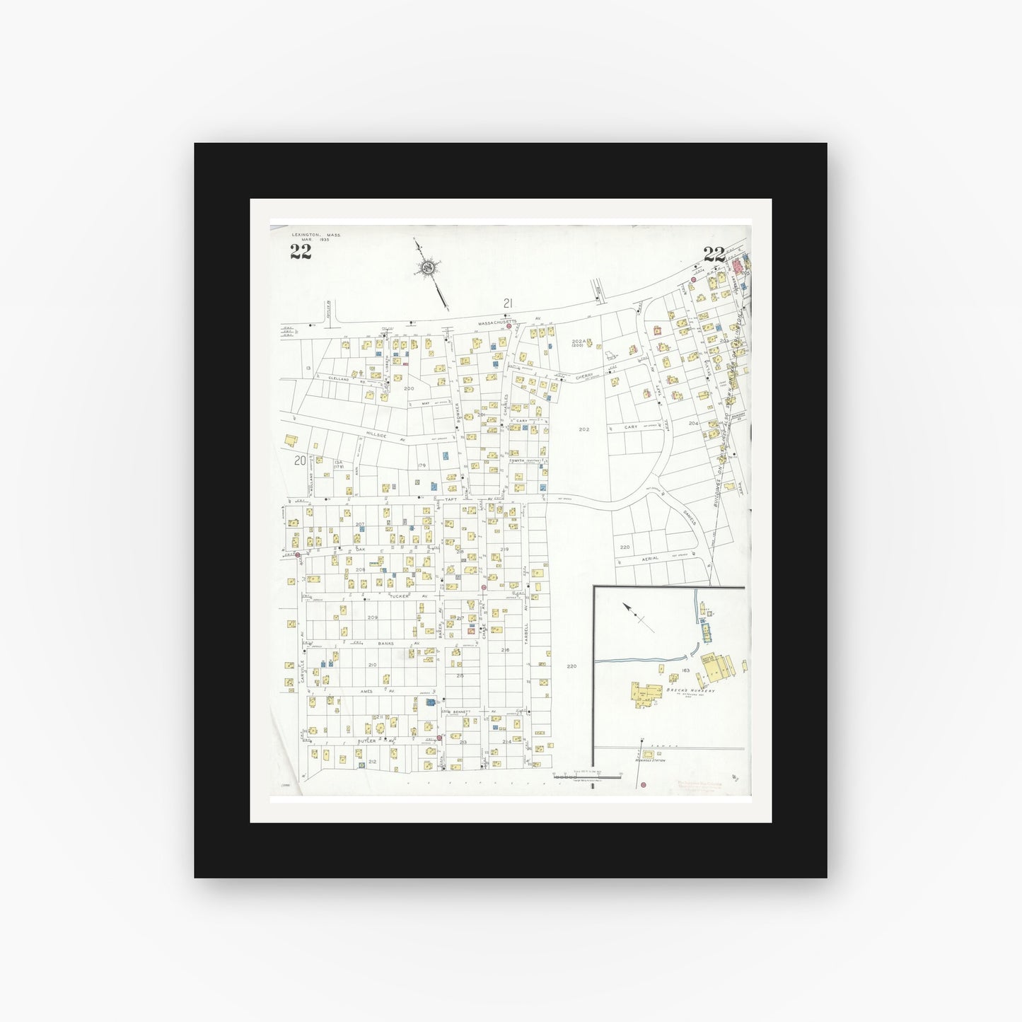 Old map wall art mockup — black gallery frame with white mat — Sanborn Fire Insurance Map from Lexington, Middlesex County, Massachusetts (1935), Sheet #0022