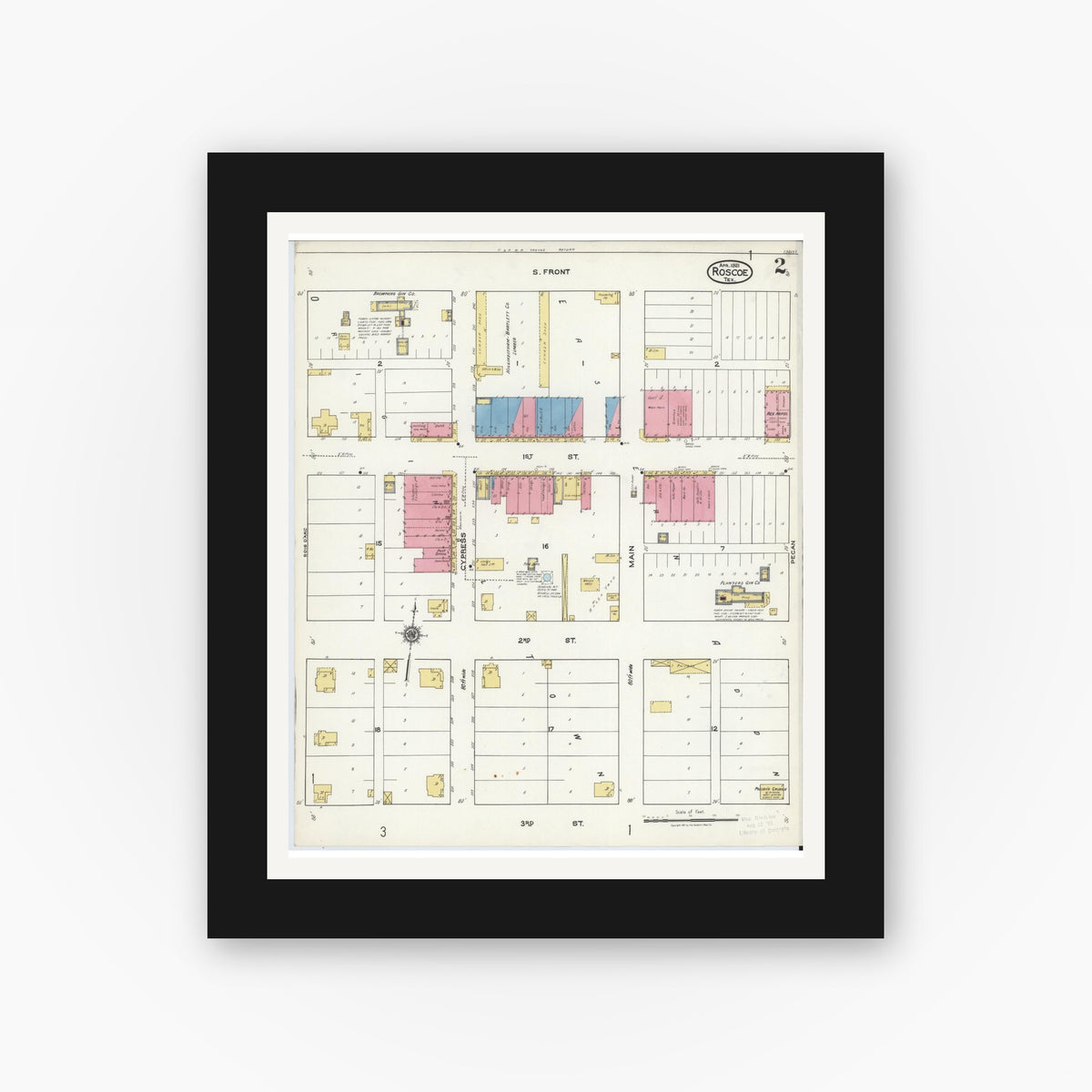 Old map wall art mockup — black gallery frame with white mat — Sanborn Fire Insurance Map from Roscoe, Nolan County, Texas (1921), Sheet #0002