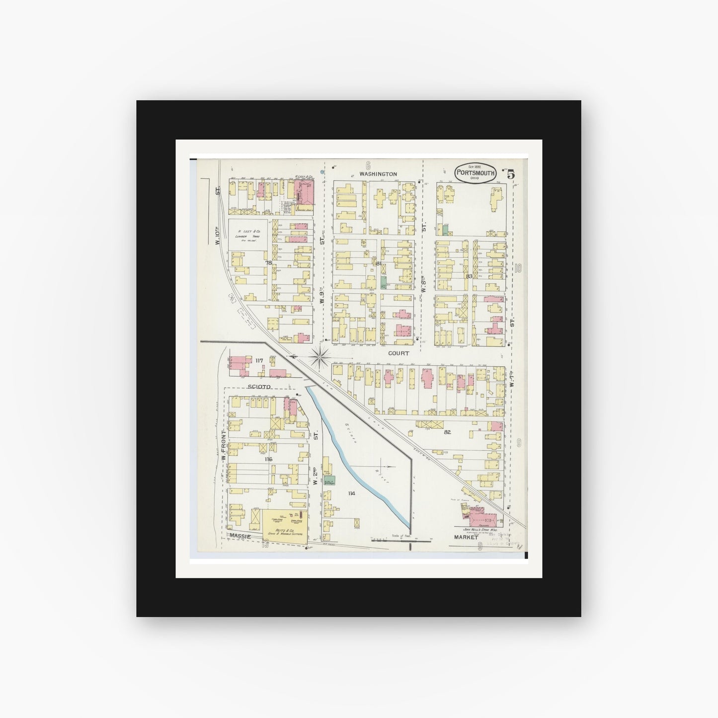 Old map wall art mockup — black gallery frame with white mat — Sanborn Fire Insurance Map from Portsmouth, Scioto County, Ohio (1892), Sheet #0005