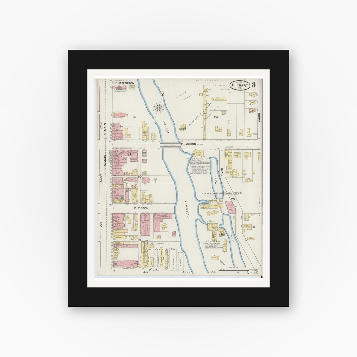 Old map wall art mockup — black gallery frame with white mat — Sanborn Fire Insurance Map from Elkhart, Elkhart County, Indiana (1889), Sheet #0003