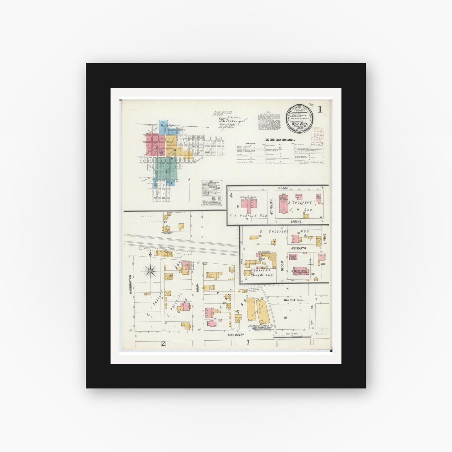 Old map wall art mockup — black gallery frame with white mat — Sanborn Fire Insurance Map from Red Bud, Randolph County, Illinois (1900), Sheet #0001
