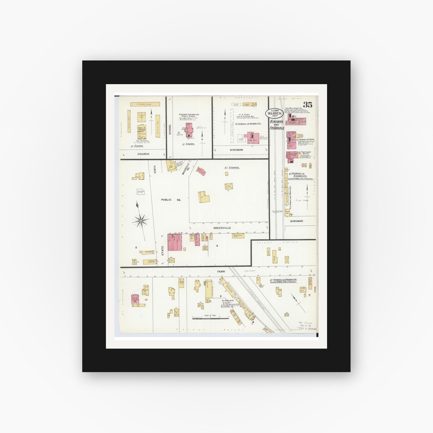 Old map wall art mockup — black gallery frame with white mat — Sanborn Fire Insurance Map from Warren, Trumbull County, Ohio (1908), Sheet #0035