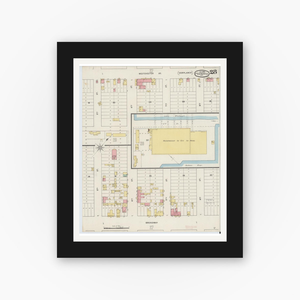Old map wall art mockup — black gallery frame with white mat — Sanborn Fire Insurance Map from Peekskill, Westchester County, New York (1895), Sheet #0028