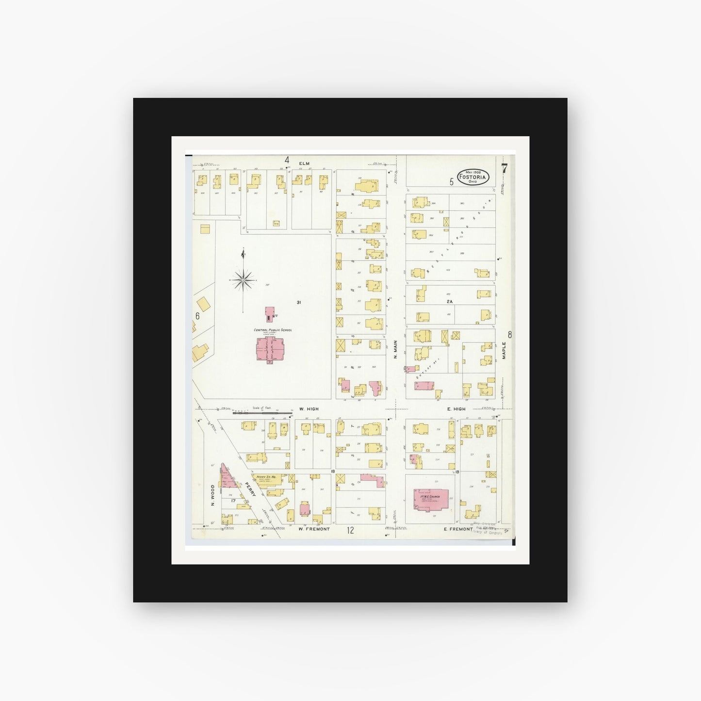 Old map wall art mockup — black gallery frame with white mat — Sanborn Fire Insurance Map from Fostoria, Seneca, Hancock, And Wood Counties, Ohio (1908), Sheet #0007