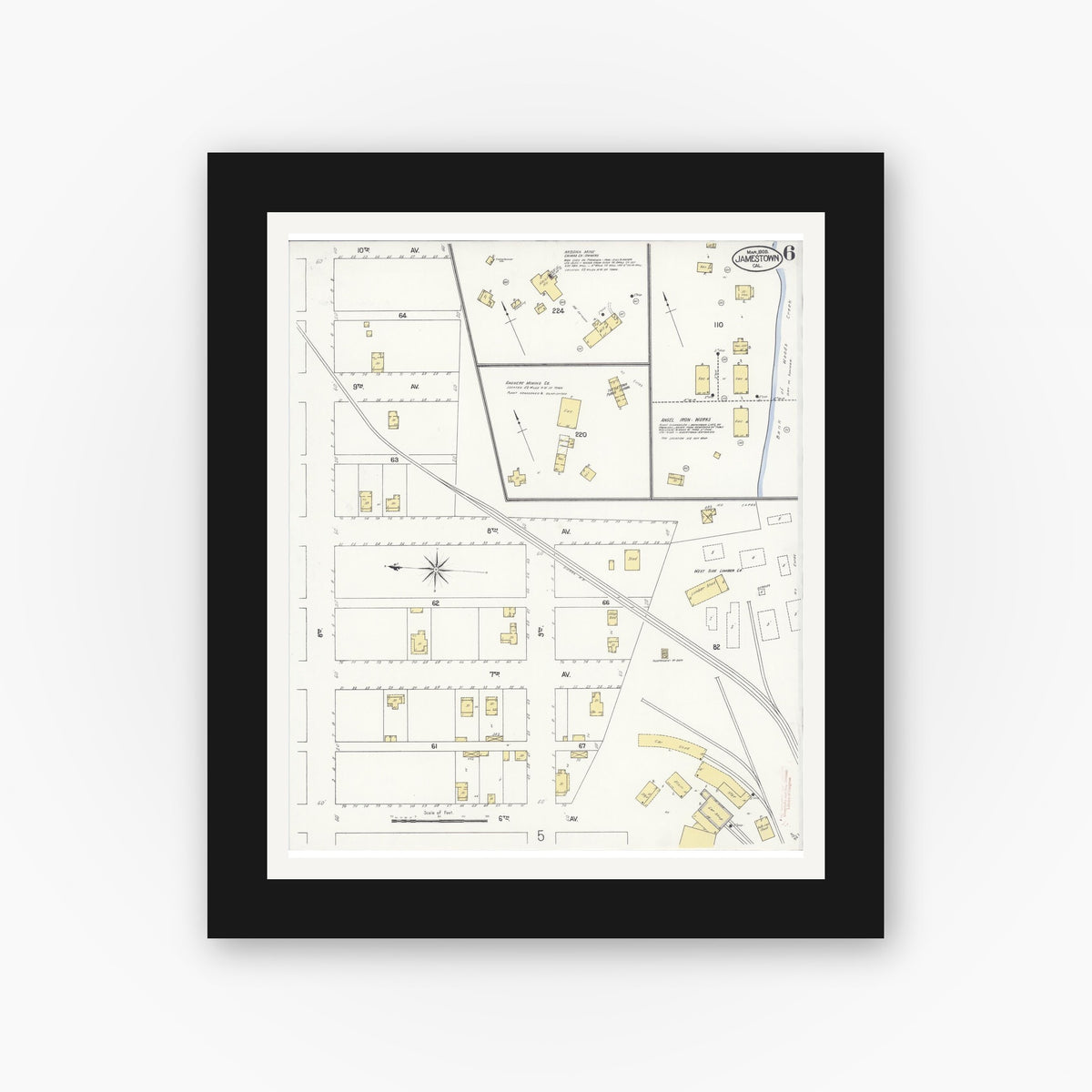 Old map wall art mockup — black gallery frame with white mat — Sanborn Fire Insurance Map from Jamestown, Tuolumne County, California (1908), Sheet #0006