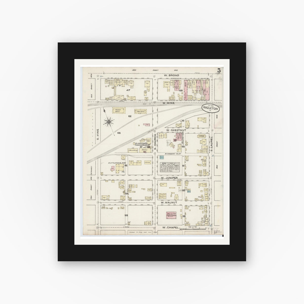 Old map wall art mockup — black gallery frame with white mat — Sanborn Fire Insurance Map from Hazleton, Luzerne County, Pennsylvania (1884), Sheet #0005
