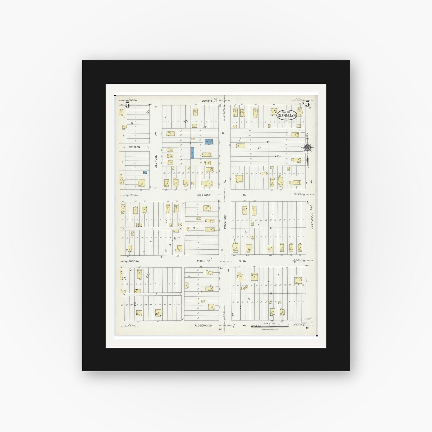 Old map wall art mockup — black gallery frame with white mat — Sanborn Fire Insurance Map from Glen Ellyn, Du Page County, Illinois (1924), Sheet #0005