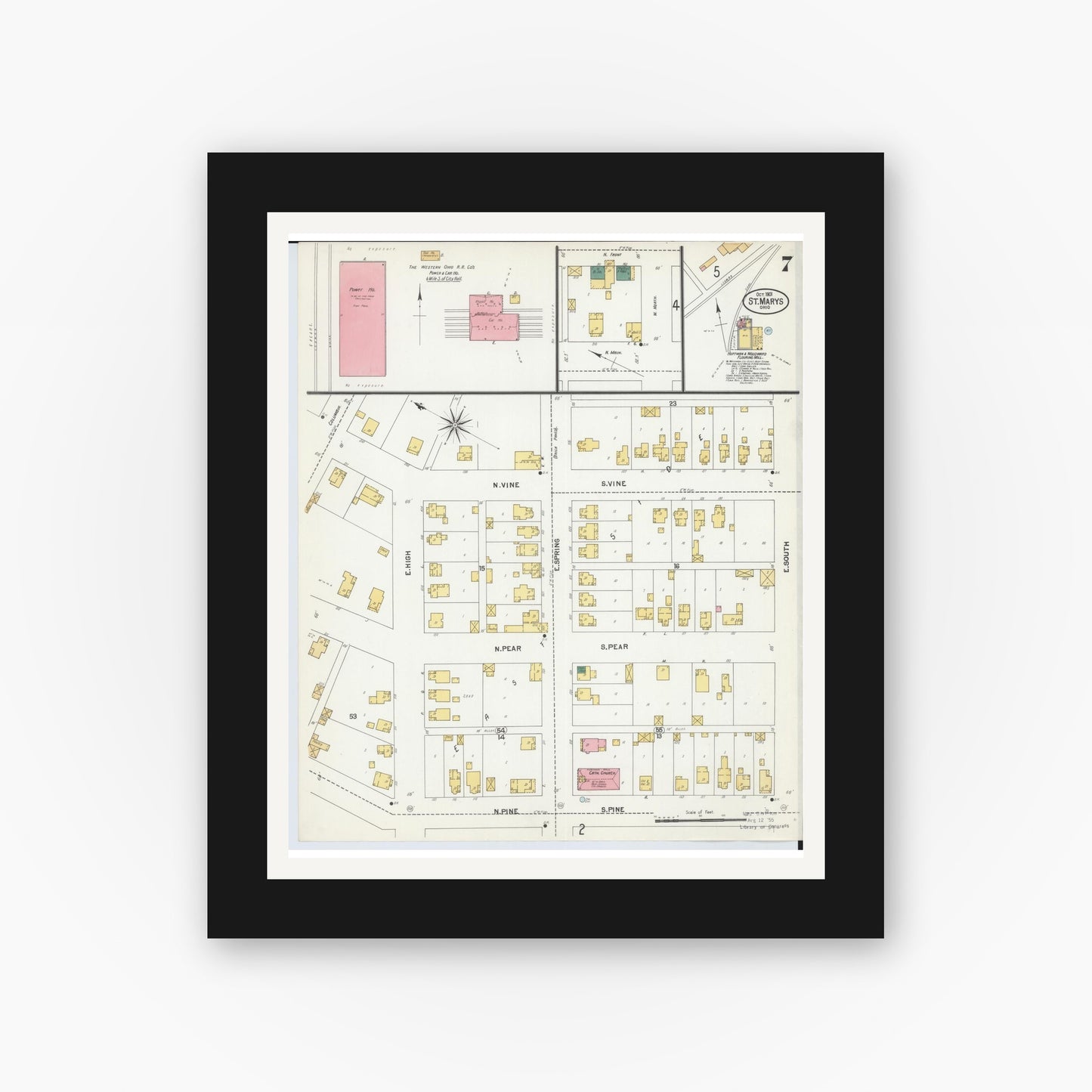 Old map wall art mockup — black gallery frame with white mat — Sanborn Fire Insurance Map from Saint Marys, Auglaize County, Ohio (1901), Sheet #0007