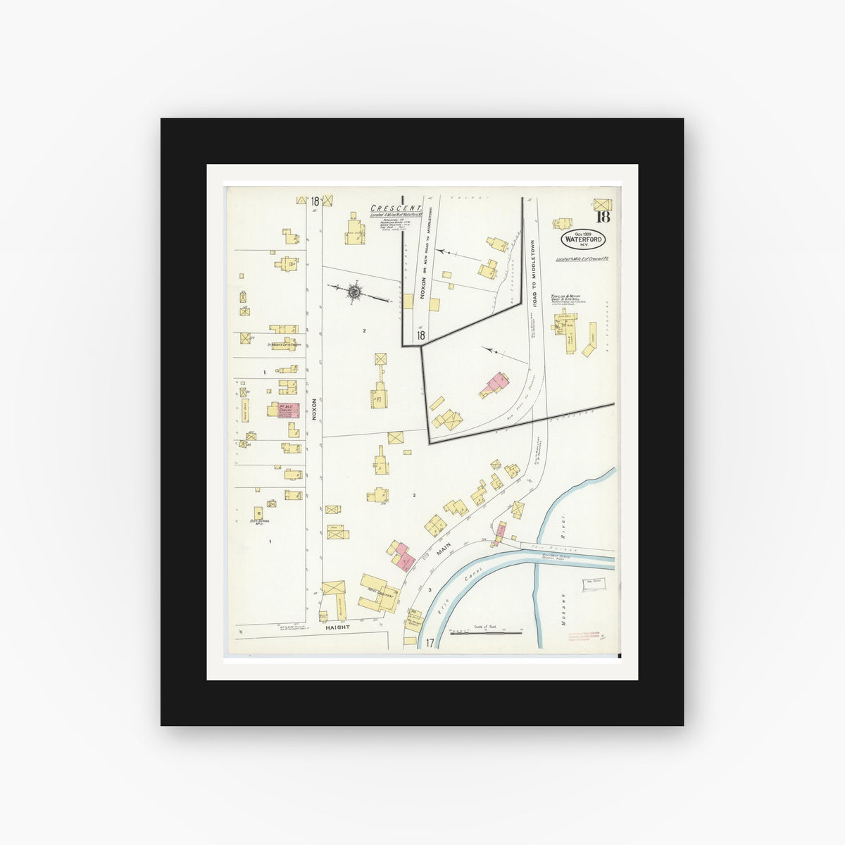 Old map wall art mockup — black gallery frame with white mat — Sanborn Fire Insurance Map from Waterford, Saratoga County, New York (1909), Sheet #0018
