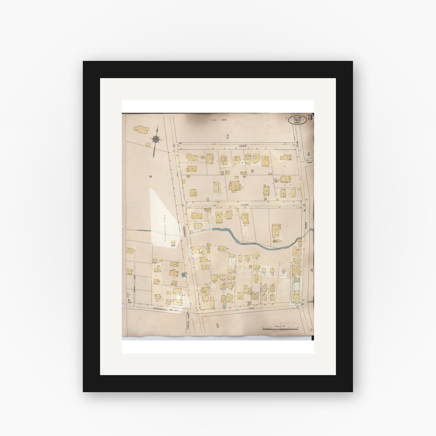 Old map wall art mockup — black gallery frame with white mat — Sanborn Fire Insurance Map from Hilo, Hawaii County, Hawaii (1957), Sheet #0003