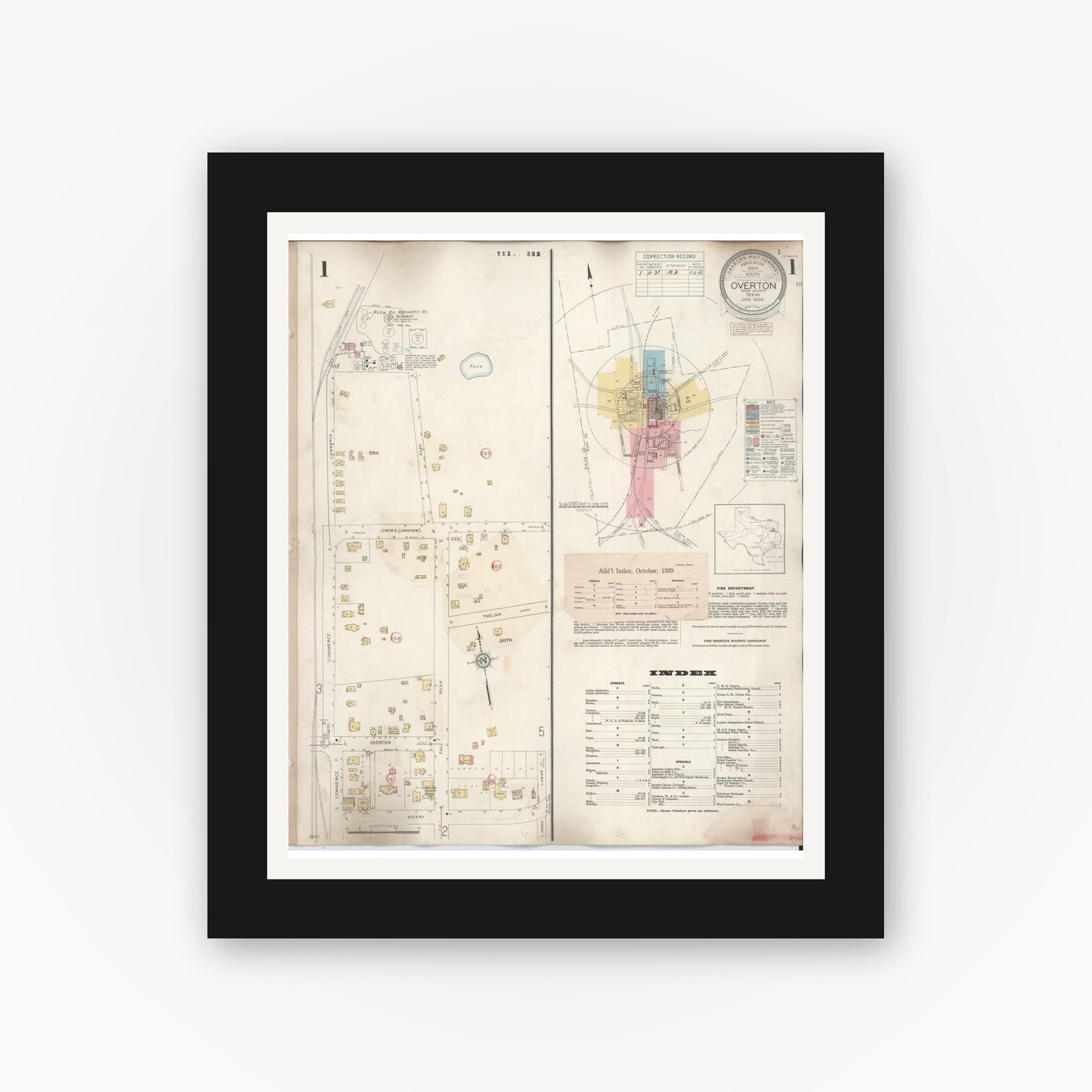 Old map wall art mockup — black gallery frame with white mat — Sanborn Fire Insurance Map from Overton, Rusk County, Texas (1939), Sheet #0001