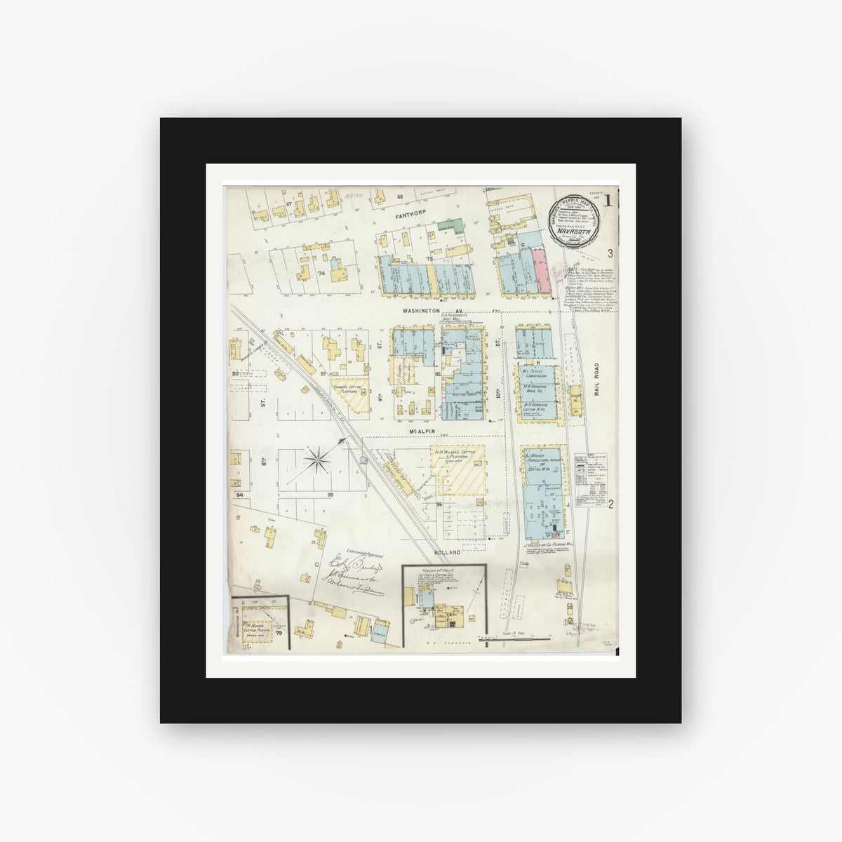 Old map wall art mockup — black gallery frame with white mat — Sanborn Fire Insurance Map from Navasota, Grimes County, Texas (1896), Sheet #0001