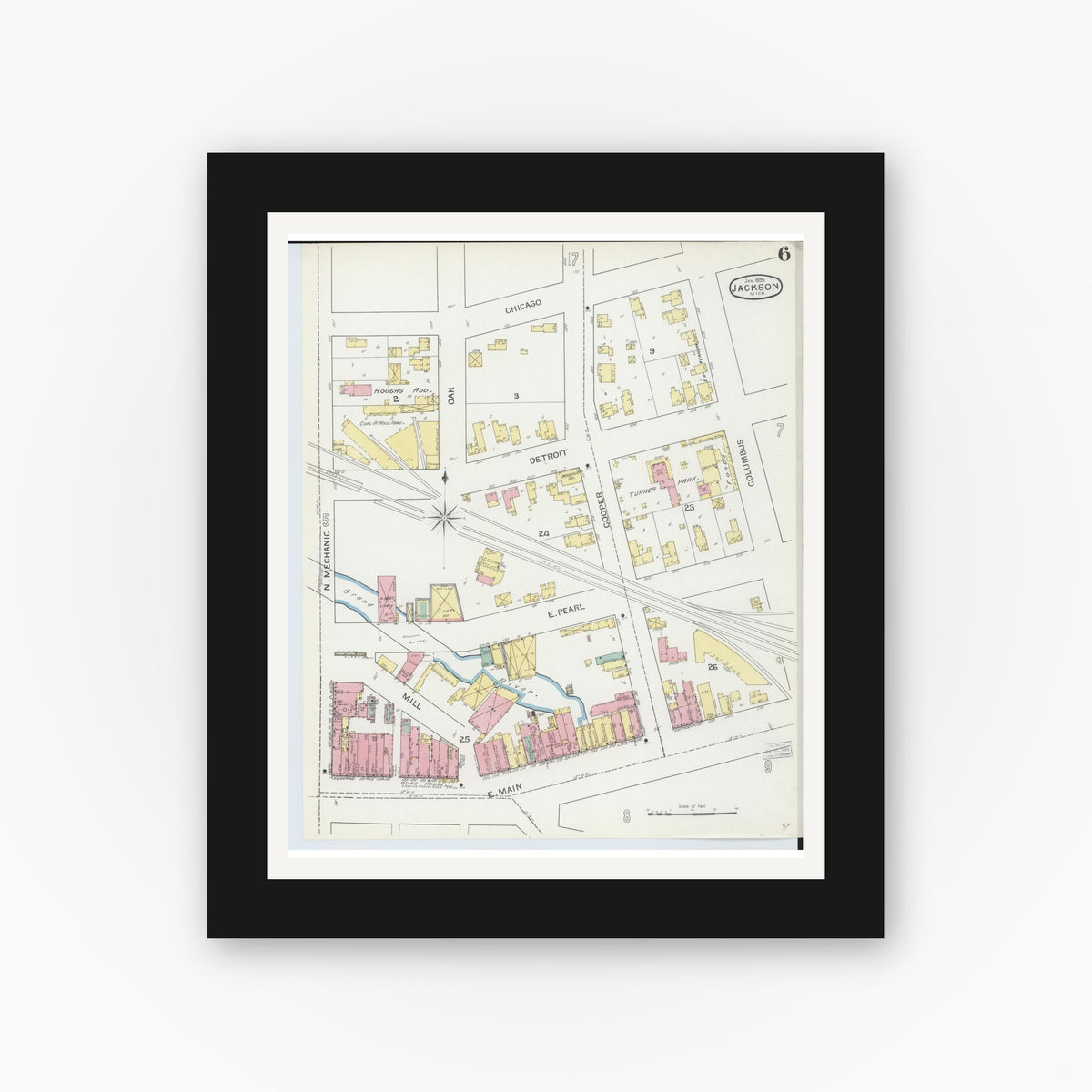 Old map wall art mockup — black gallery frame with white mat — Sanborn Fire Insurance Map from Jackson, Jackson County, Michigan (1893), Sheet #0006