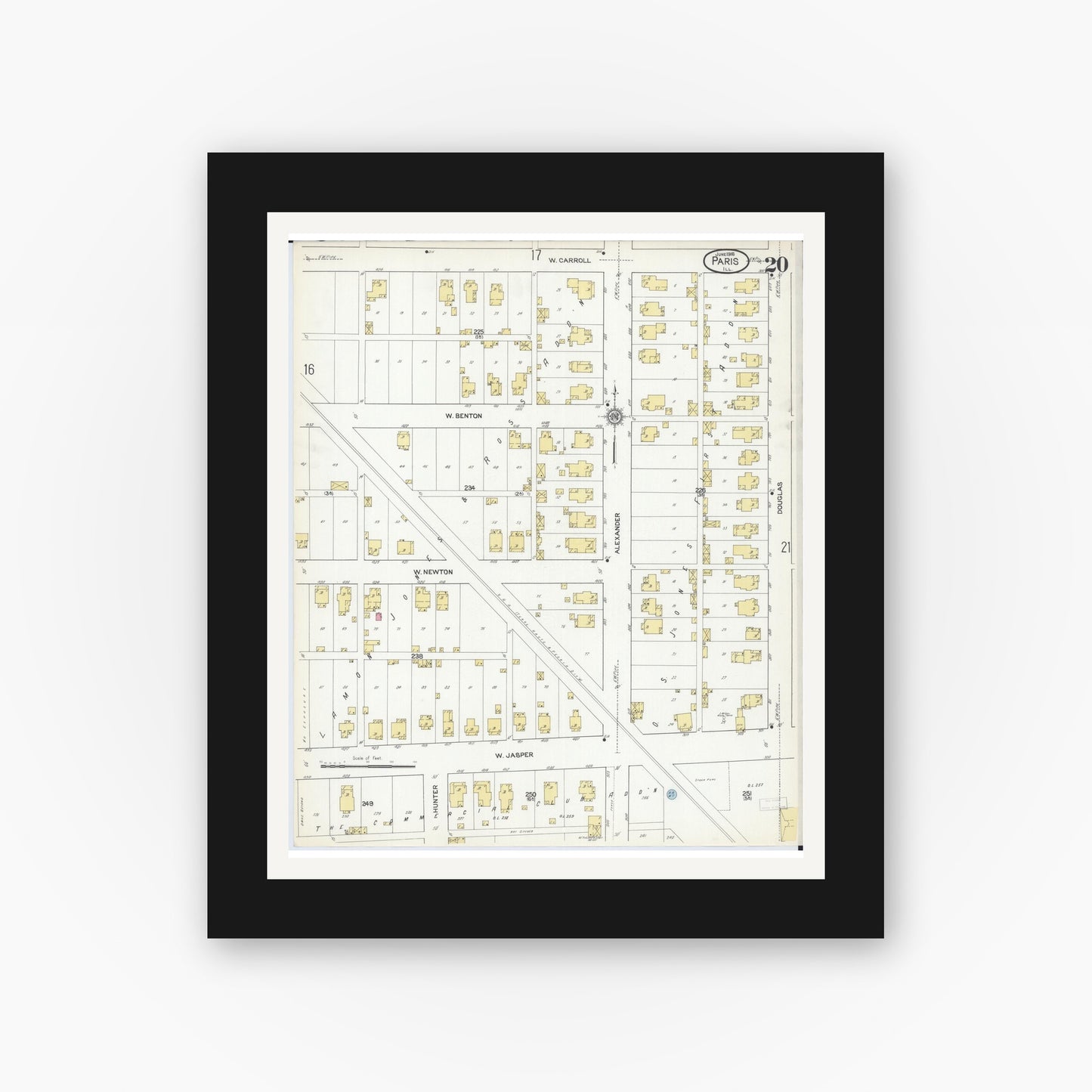 Old map wall art mockup — black gallery frame with white mat — Sanborn Fire Insurance Map from Paris, Edgar County, Illinois (1916), Sheet #0020