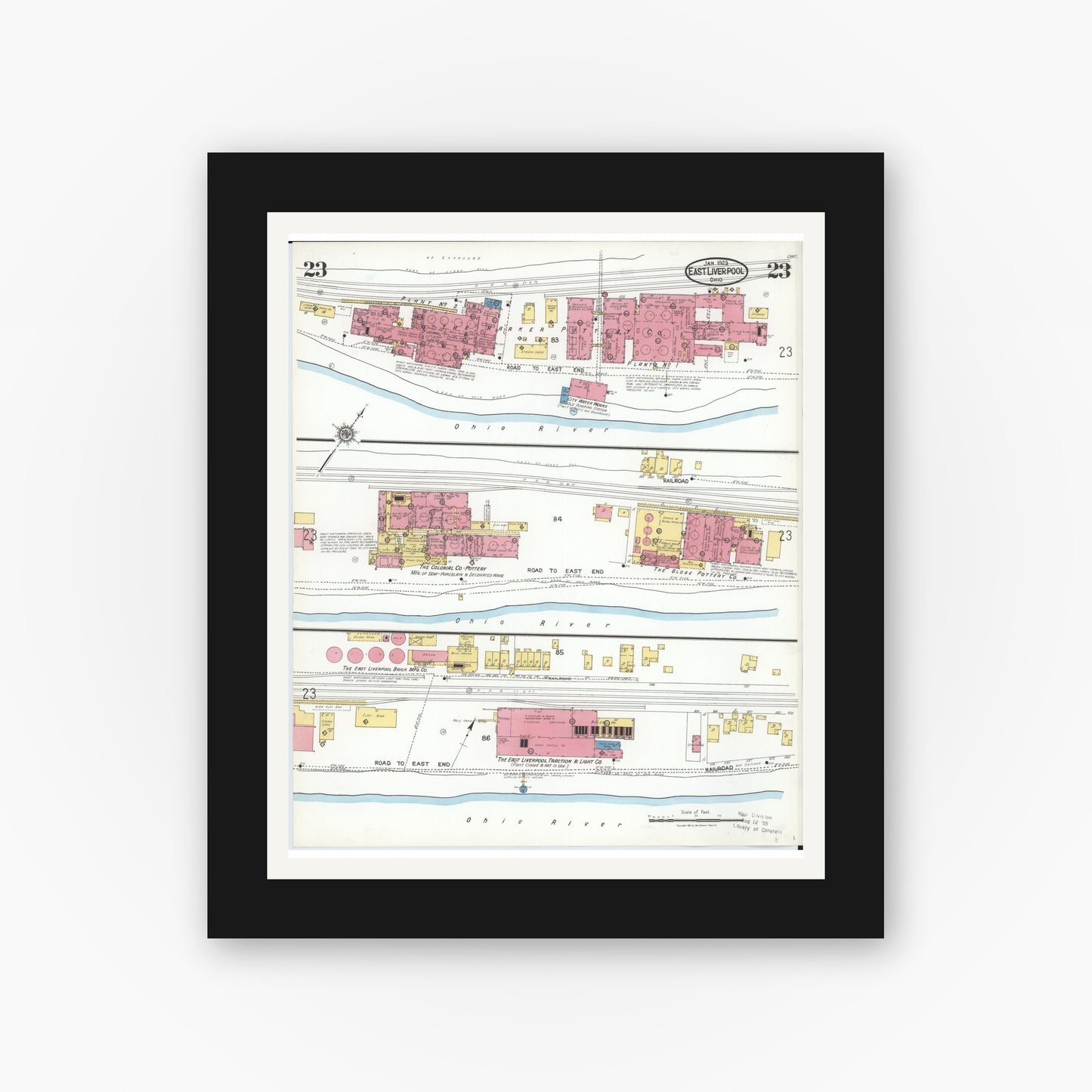 Old map wall art mockup — black gallery frame with white mat — Sanborn Fire Insurance Map from East Liverpool, Columbiana County, Ohio (1923), Sheet #0023