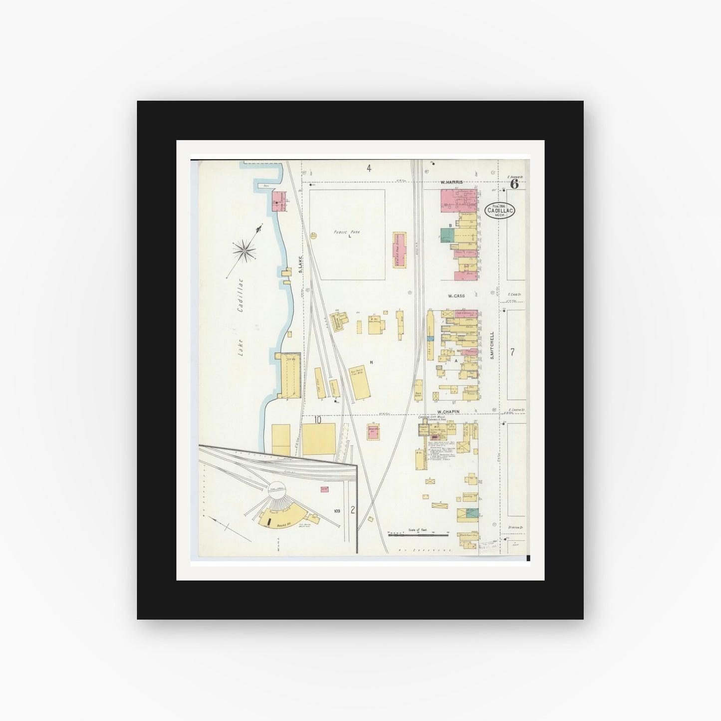 Old map wall art mockup — black gallery frame with white mat — Sanborn Fire Insurance Map from Cadillac, Wexford County, Michigan (1906), Sheet #0006