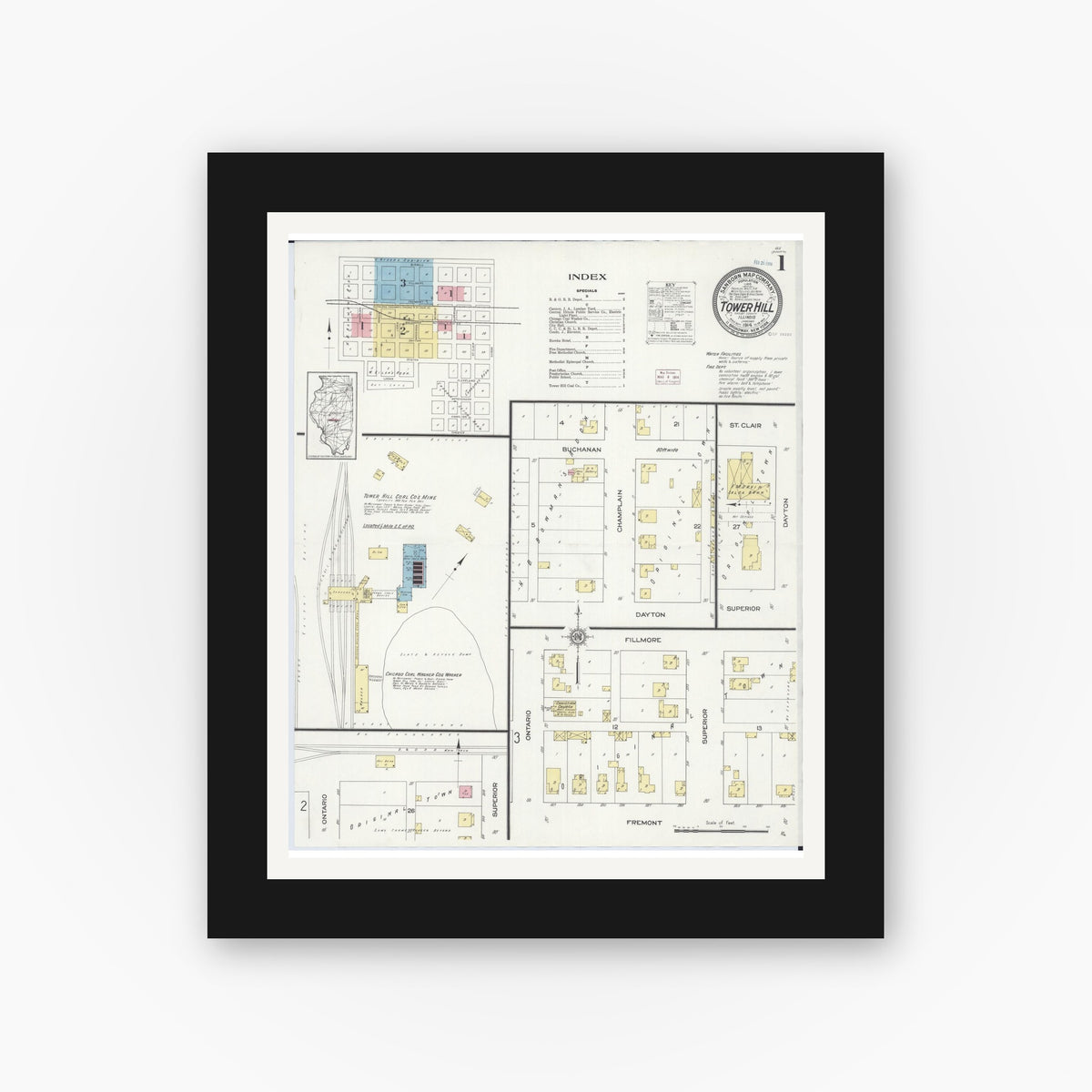 Old map wall art mockup — black gallery frame with white mat — Sanborn Fire Insurance Map from Tower Hill, Shelby County, Illinois (1914) - Complete Map Set