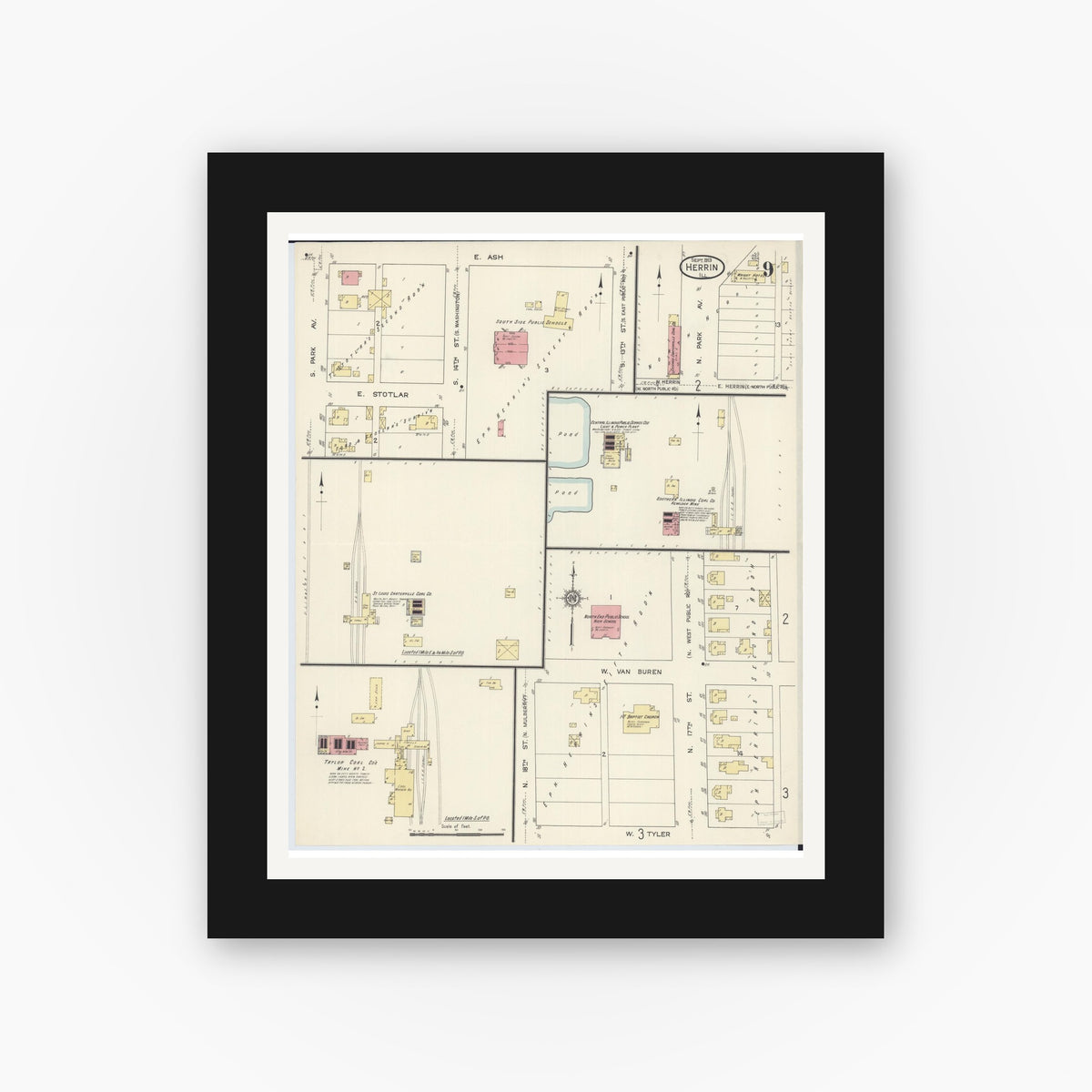 Old map wall art mockup — black gallery frame with white mat — Sanborn Fire Insurance Map from Herrin, Williamson County, Illinois (1913), Sheet #0009