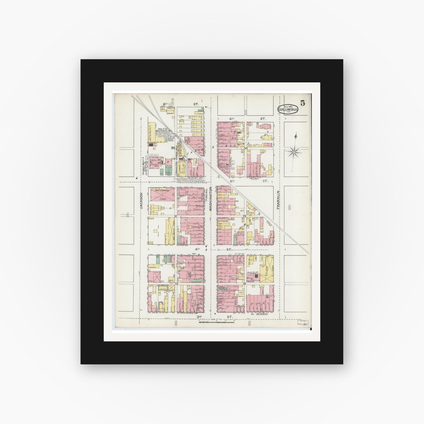 Old map wall art mockup — black gallery frame with white mat — Sanborn Fire Insurance Map from Columbus, Bartholomew County, Indiana (1892), Sheet #0005