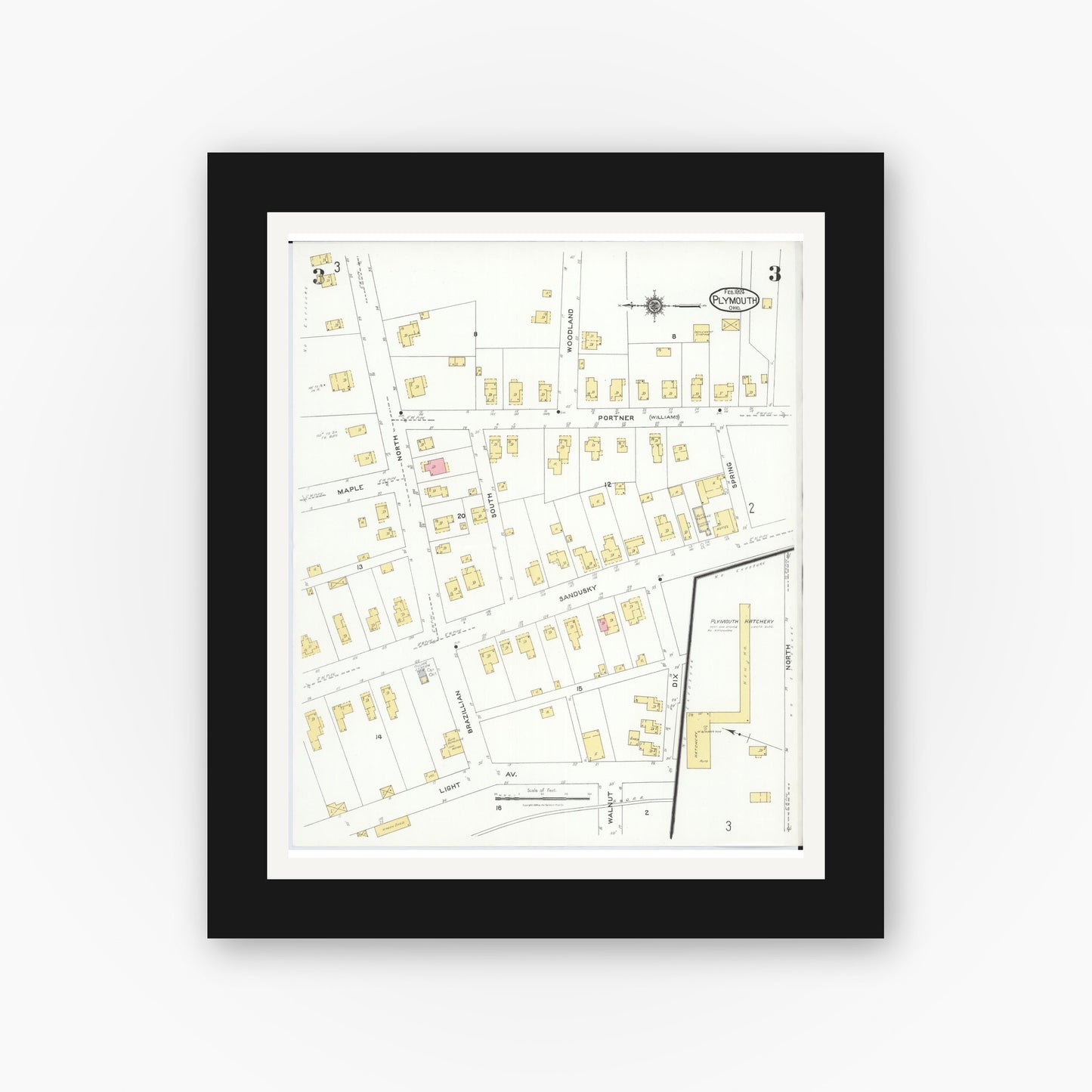 Old map wall art mockup — black gallery frame with white mat — Sanborn Fire Insurance Map from Plymouth, Huron And Richland Counties, Ohio (1924), Sheet #0003