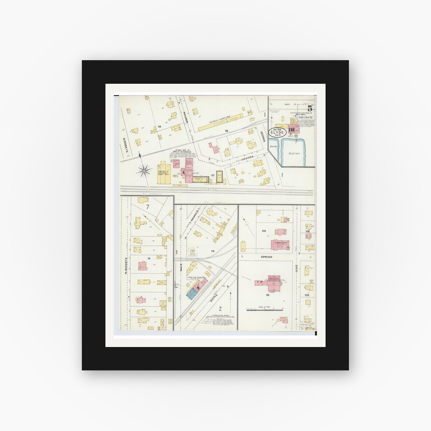 Old map wall art mockup — black gallery frame with white mat — Sanborn Fire Insurance Map from Clyde, Sandusky County, Ohio (1906), Sheet #0005
