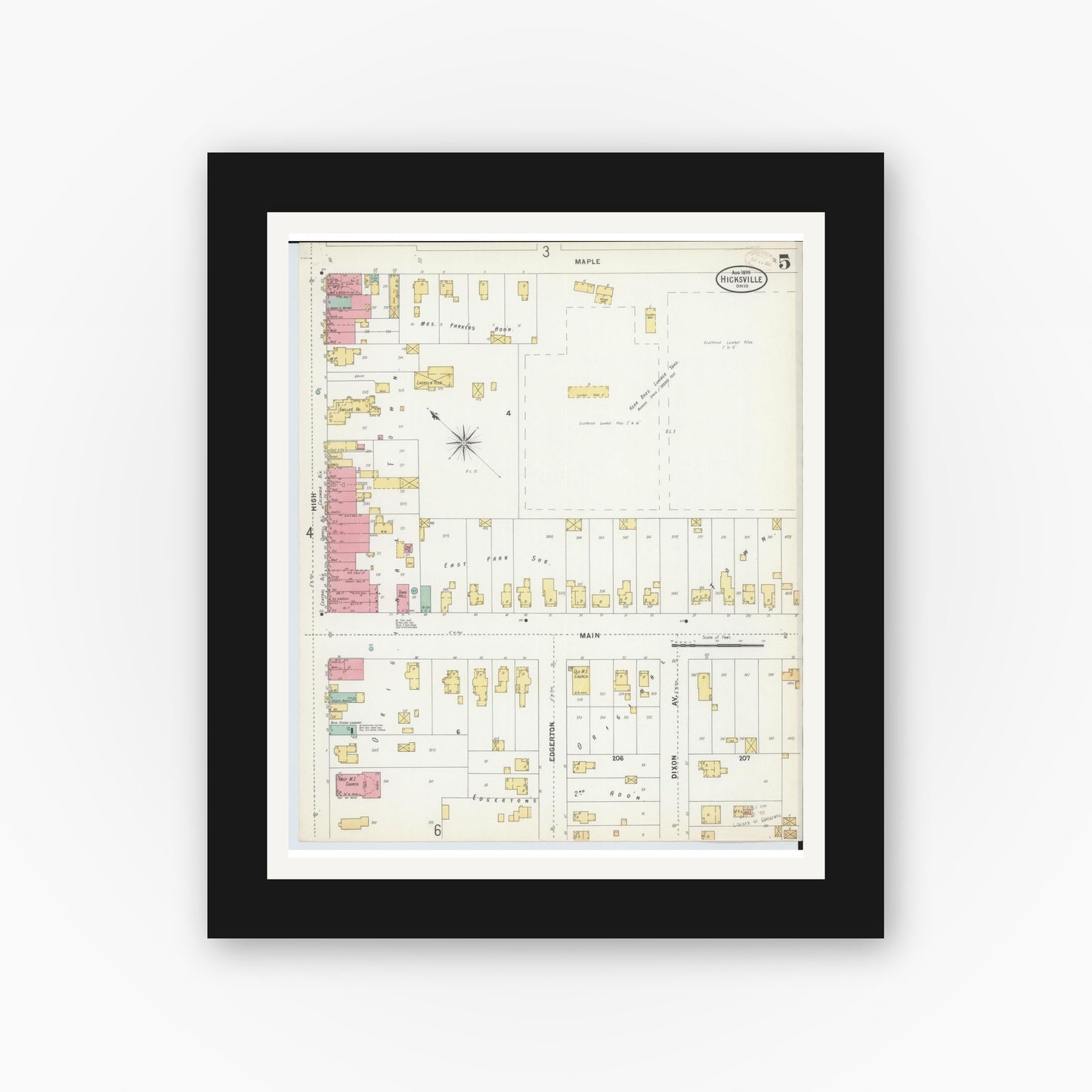 Old map wall art mockup — black gallery frame with white mat — Sanborn Fire Insurance Map from Hicksville, Defiance County, Ohio (1899), Sheet #0005