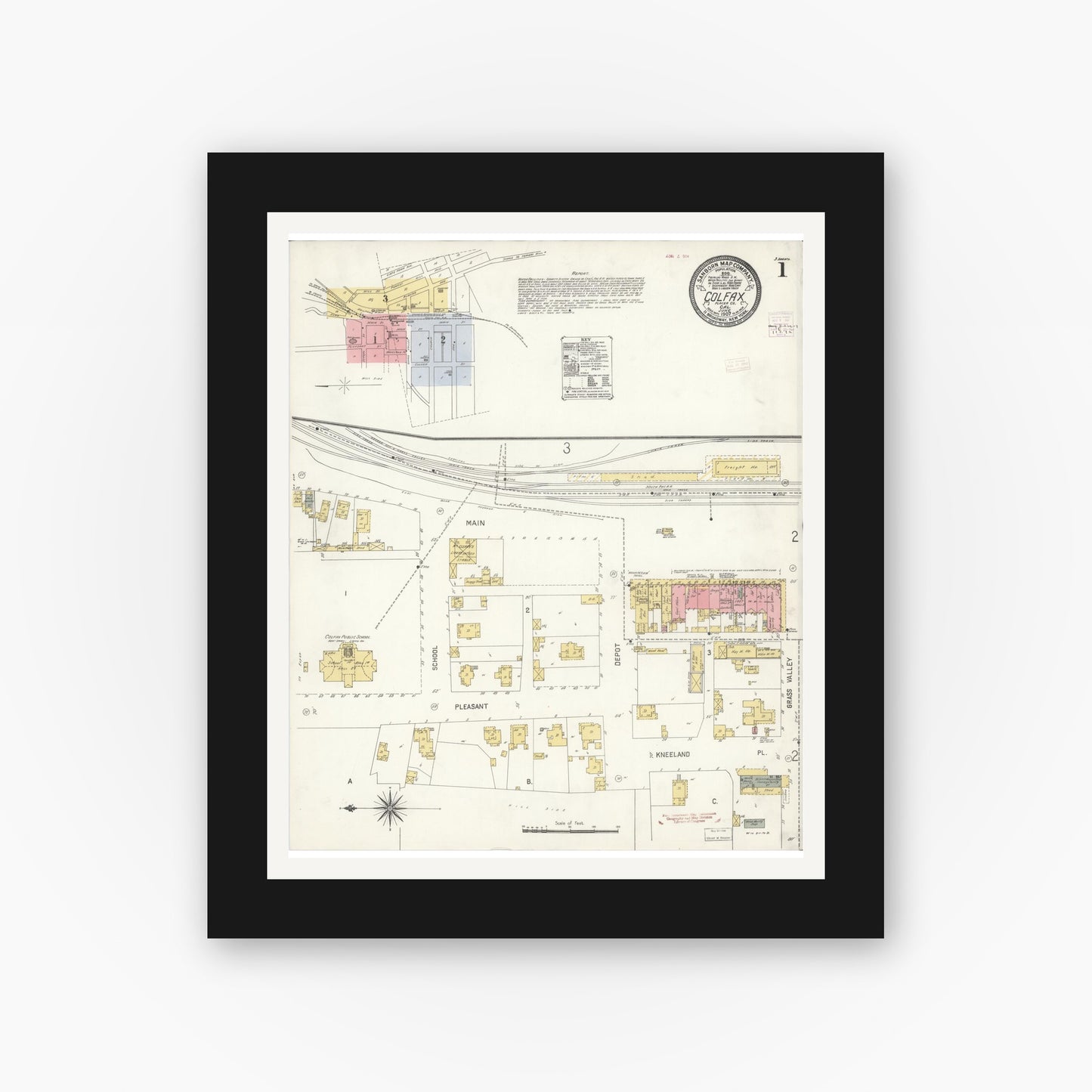 Old map wall art mockup — black gallery frame with white mat — Sanborn Fire Insurance Map from Colfax, Placer County, California (1907) - Complete Map Set