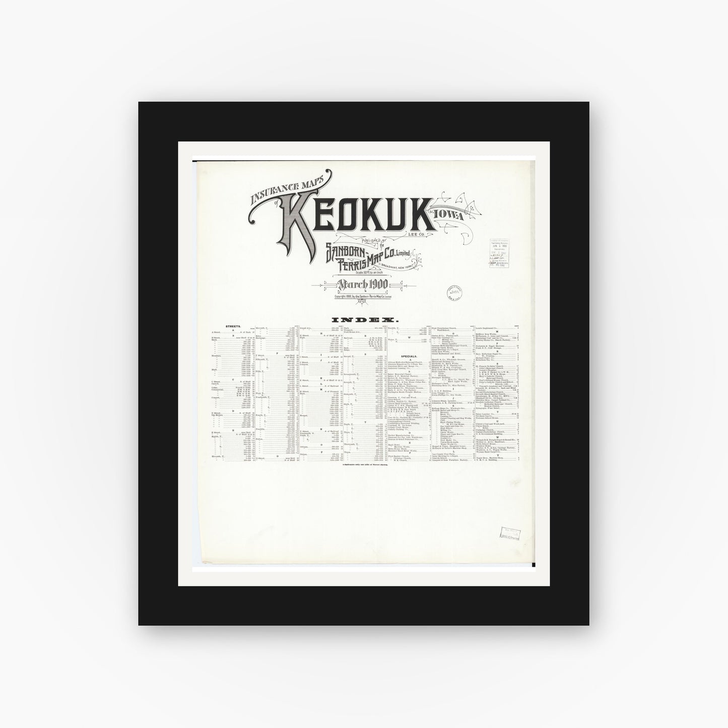 Old map wall art mockup — black gallery frame with white mat — Sanborn Fire Insurance Map from Keokuk, Lee County, Iowa (1900), Sheet #0001