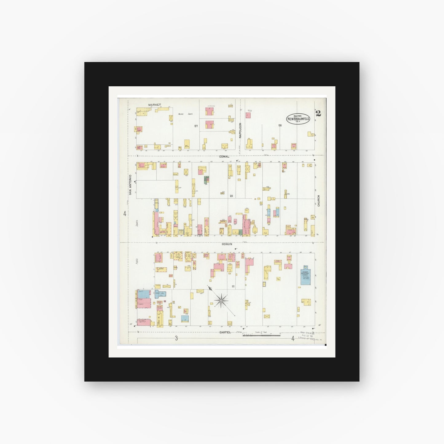 Old map wall art mockup — black gallery frame with white mat — Sanborn Fire Insurance Map from New Braunfels, Comal County, Texas (1902), Sheet #0002