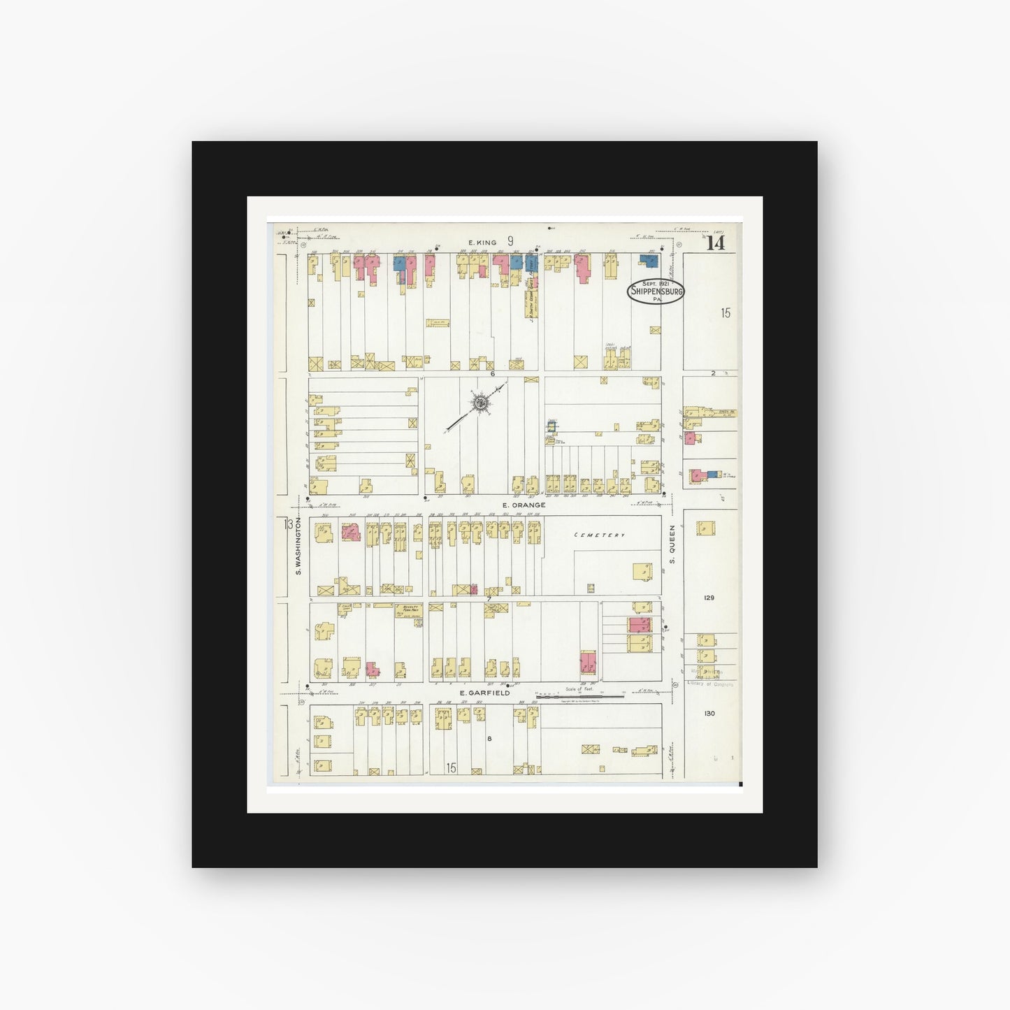 Old map wall art mockup — black gallery frame with white mat — Sanborn Fire Insurance Map from Shippensburg, Cumberland And Franklin Counties, Pennsylvania (1921), Sheet #0014