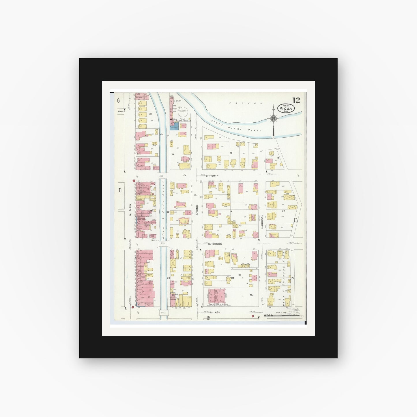 Old map wall art mockup — black gallery frame with white mat — Sanborn Fire Insurance Map from Piqua, Miami County, Ohio (1911), Sheet #0012