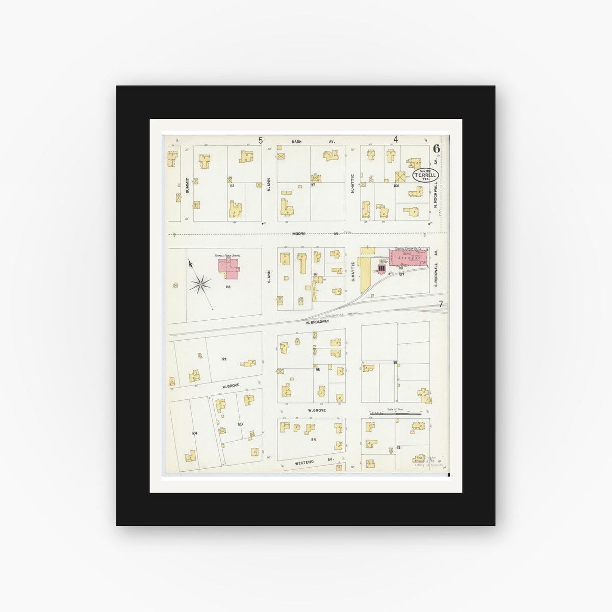 Old map wall art mockup — black gallery frame with white mat — Sanborn Fire Insurance Map from Terrell, Kaufman County, Texas (1902), Sheet #0006
