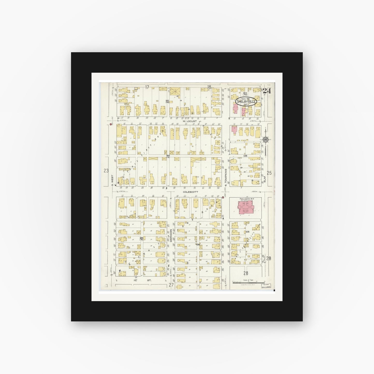 Old map wall art mockup — black gallery frame with white mat — Sanborn Fire Insurance Map from Shelbyville, Shelby County, Indiana (1916), Sheet #0024