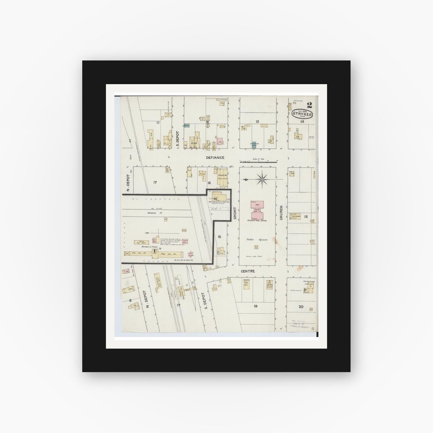 Old map wall art mockup — black gallery frame with white mat — Sanborn Fire Insurance Map from Stryker, Williams County, Ohio (1888), Sheet #0002