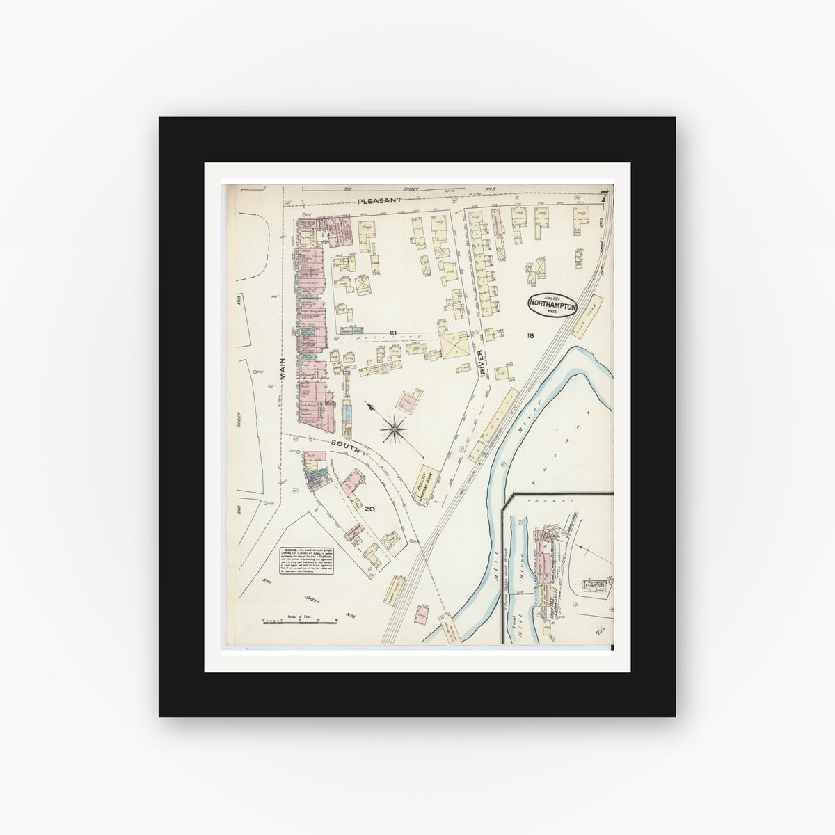 Old map wall art mockup — black gallery frame with white mat — Sanborn Fire Insurance Map from Northampton, Hampshire County, Massachusetts (1884), Sheet #0007