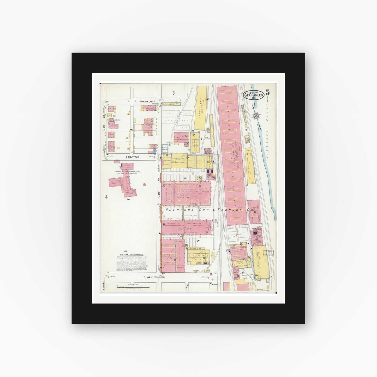 Old map wall art mockup — black gallery frame with white mat — Sanborn Fire Insurance Map from Saint Charles, Saint Charles County, Missouri (1917), Sheet #0005
